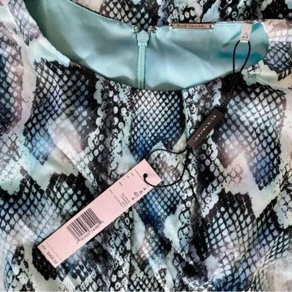 Elie Tahari  Dia Gathered Snake-Print Silk-Satin Mini Dress Turquoise Size 4 - Picture 12 of 15